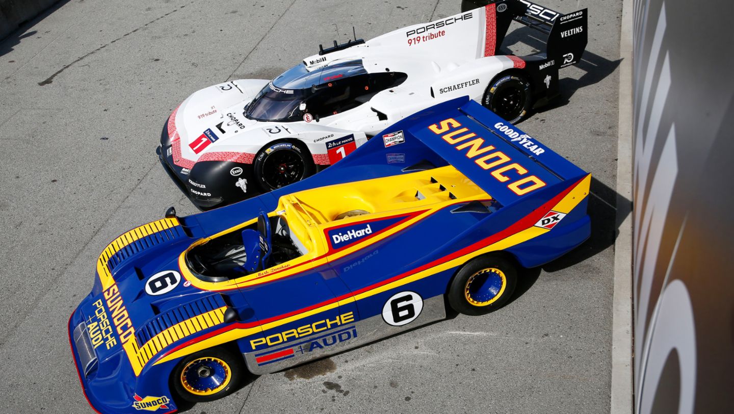 Porsche 917/30 (frente) y Porsche 919 Hybrid Evo, Porsche Rennsport Reunion VI, Laguna Seca, 2018, Porsche AG